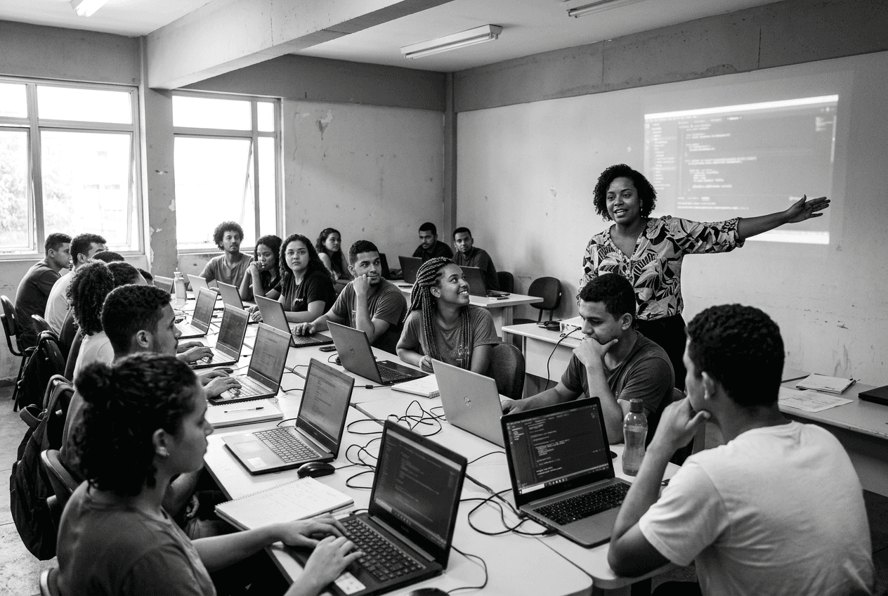 Instrutor apresenta conteúdo a uma turma de jovens com notebooks.