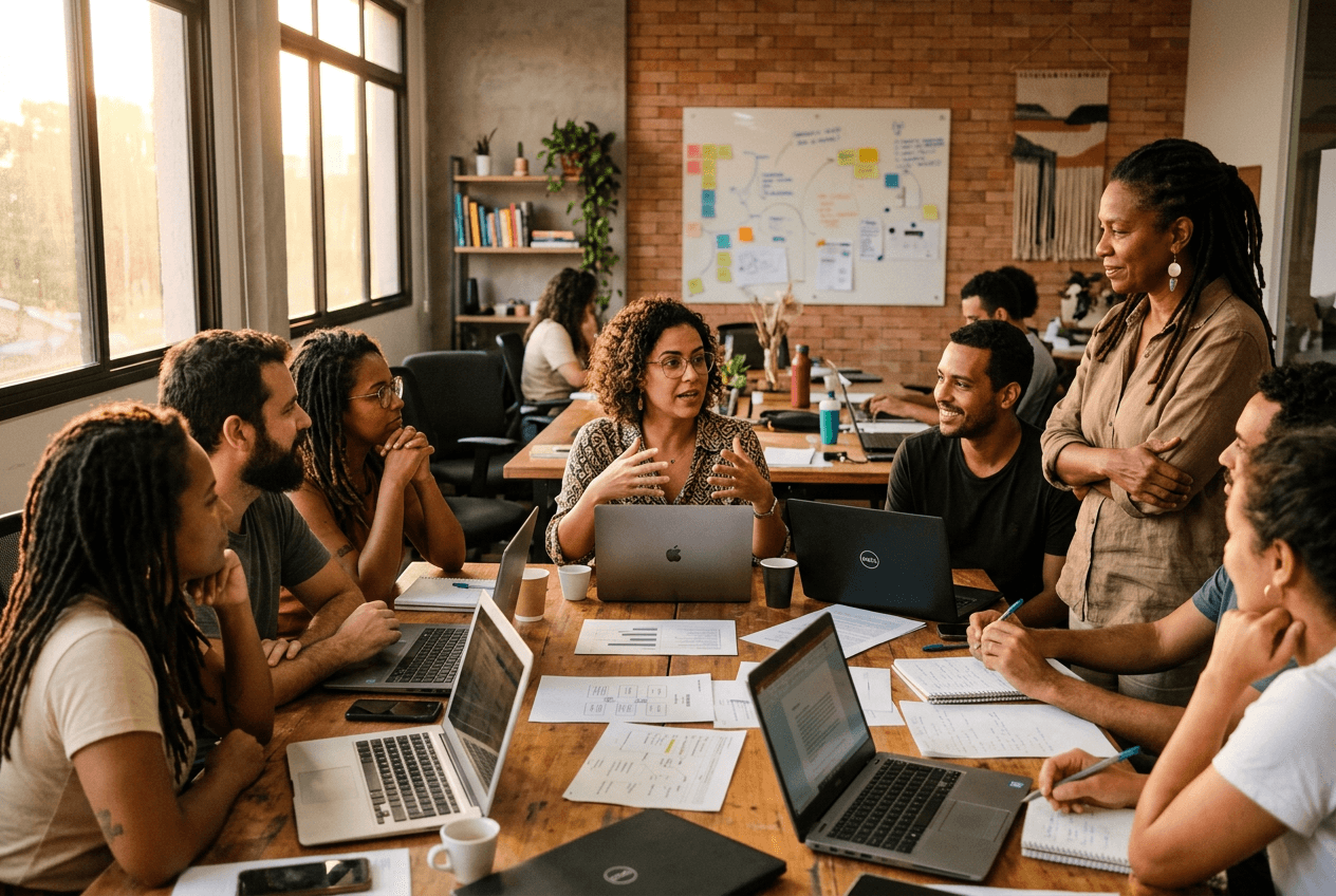 Grupo de adultos em roda de conversa com notebooks e materiais impressos.