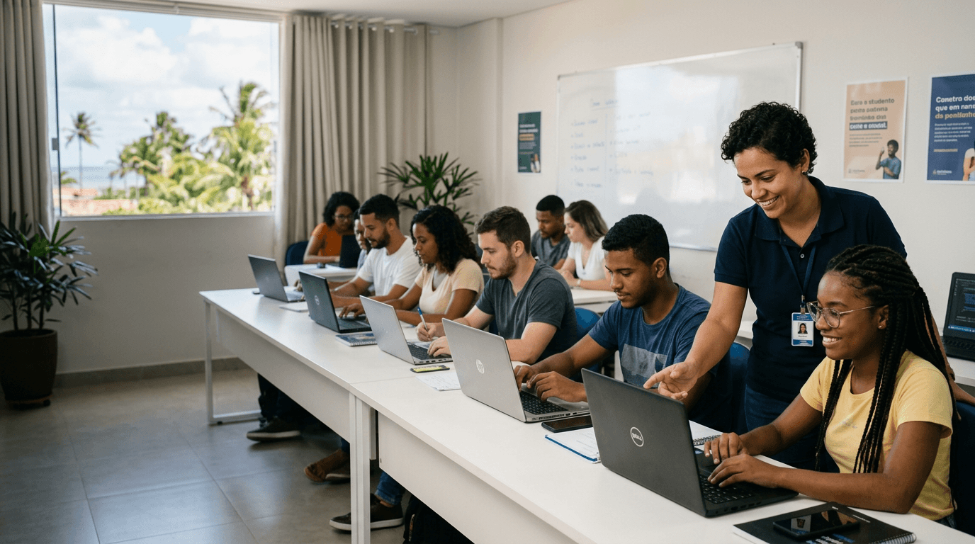 Jovens em uma sala de capacitação, sentados diante de notebooks, com luz natural.