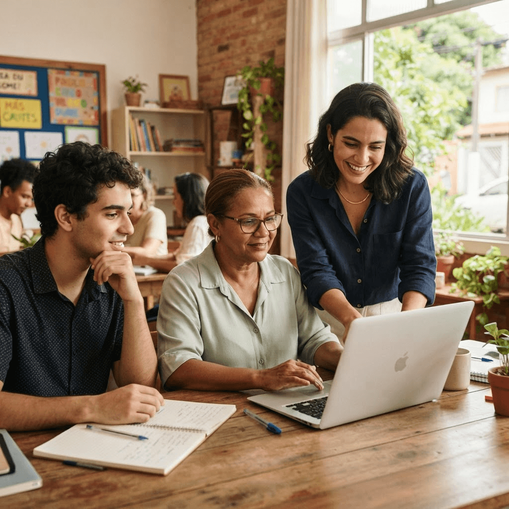 Educadora apoiando participantes em uma atividade digital.